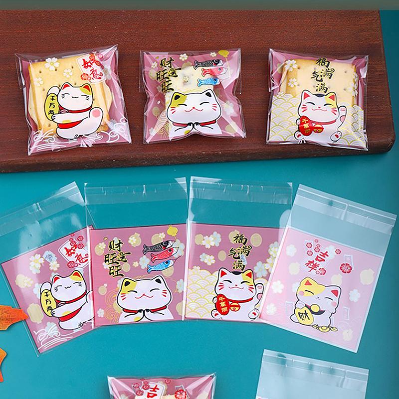 100 stk Mini Tegneseriekatt Emballasjepose, Bake Snacks Selvklebende Pose, Tegneseriekatt Kjeks Kake Emballasjepose