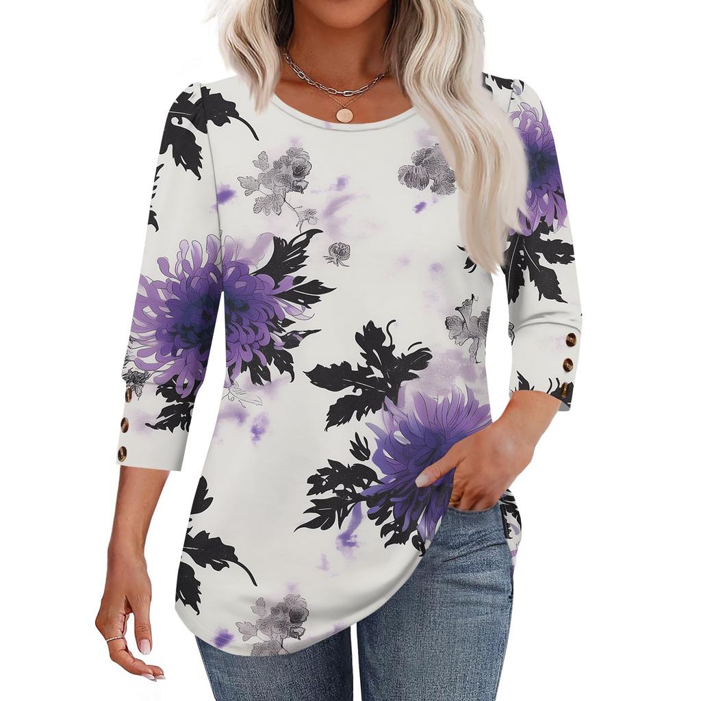 Women's Fashion Casual Vintage Floral Print Round Neck Sevenfold Sleeve T-shirt Top