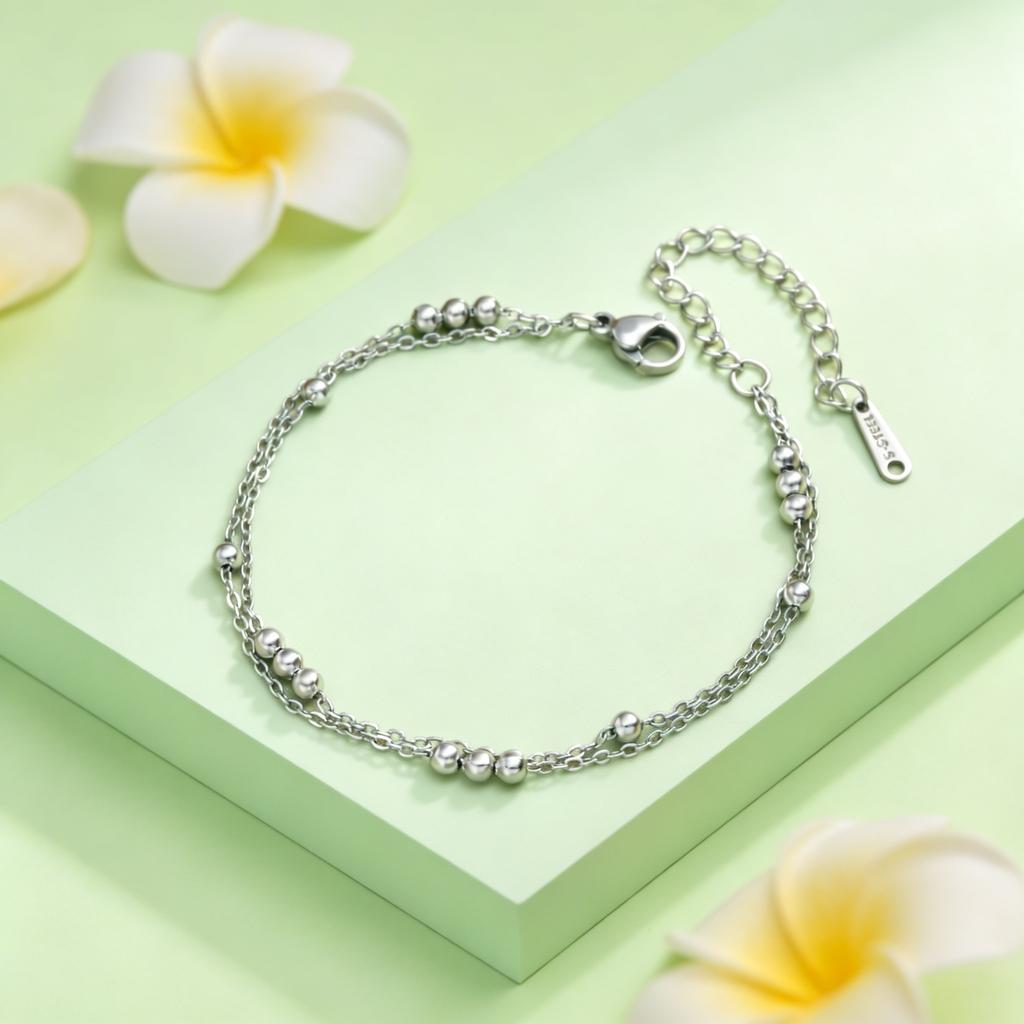 Stainless Steel Double Layer Beads Chain Bracelet for Women Girls Adjustable Round Bead Chain Bracelets Minimalist Jewelry Gift