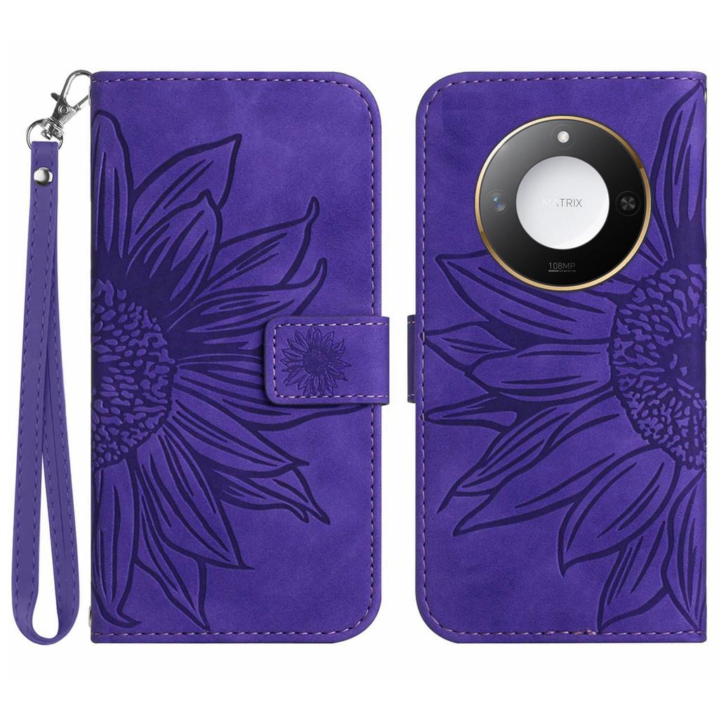 For Honor X9c Smart 5G Case Sunflower Imprint Leather Wallet Phone Cover with Wrist Strap