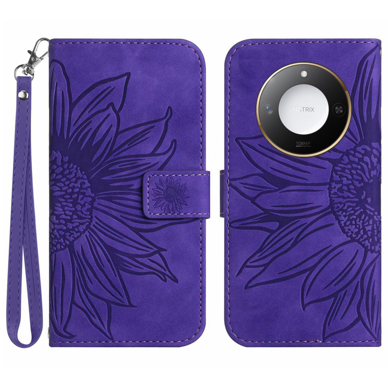 

For Honor X9c Smart 5G Case Sunflower Imprint Leather Wallet Phone Cover with Wrist Strap Dark Purple