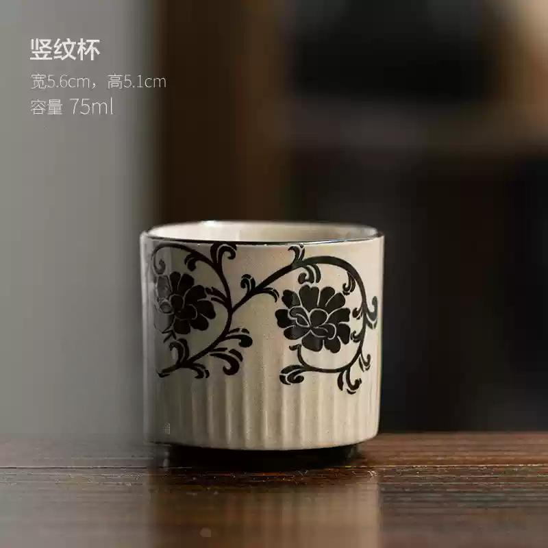 Min Kiln Carved Tasting Tea Cup Retro Style Small Tea Cup Kiln Green Gray Glaze Ceramic Household Chinese Kung Fu Tea Set