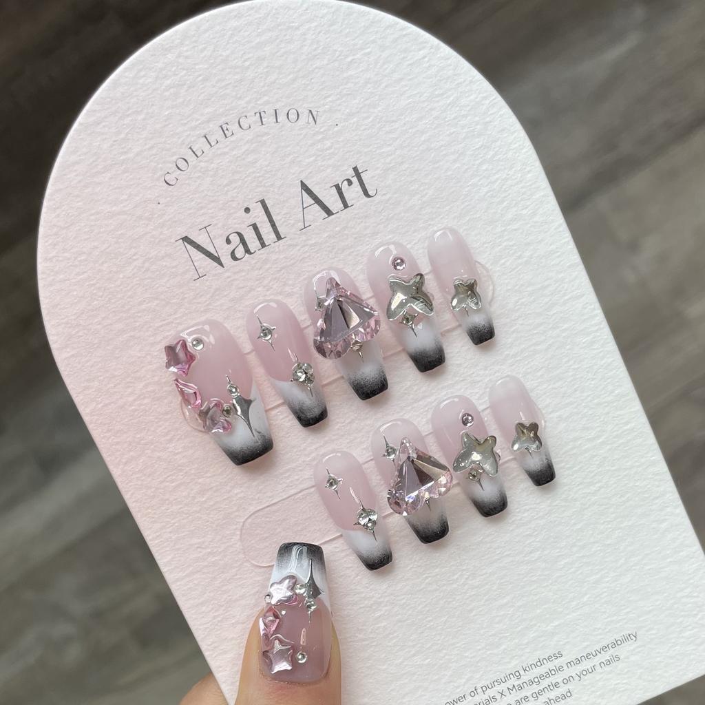 10 Pcs Black French Coffin Press On Nails Handmade Rhinestone Love Y2K Spicy Girl False Nails