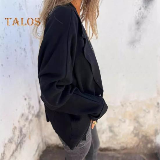 Damen Herbst Winterjacke Reverskragen Lockerer Freizeitmantel mit Tasche Einreihiges Einfarbiges Langarmoberteil