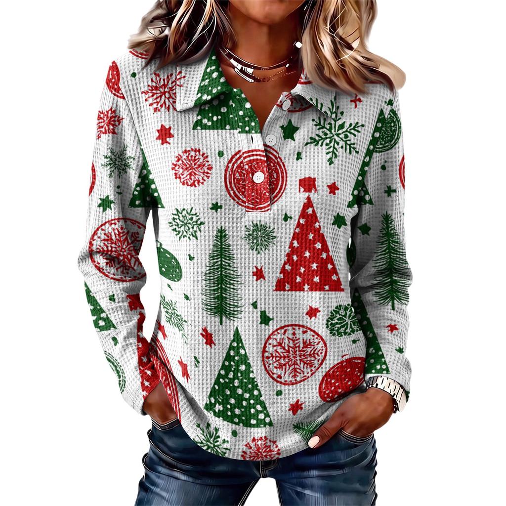 Women's Fashion Casual Button Front Long Sleeve Christmas Top with Collar