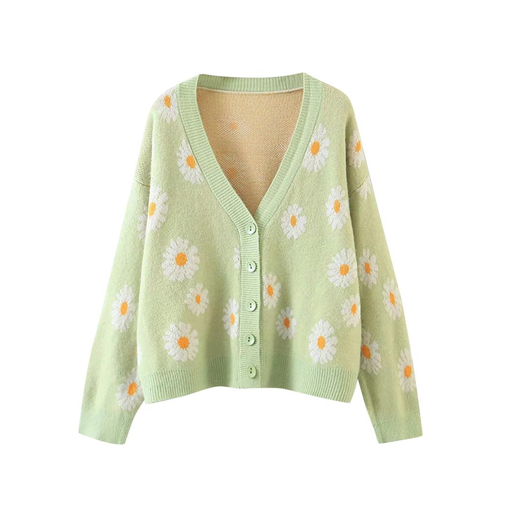 Women's  And Winter Fashion Flower Cardigan Sweater V-neck Long-Sleeved Sweater Women