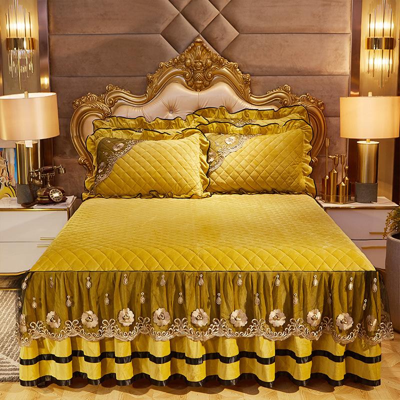 European-Style Crystal Velvet Lace Bed Skirt Winter Fleece-Lined Warm Quilted Bed Cover Bed Skirt Cover Bedding