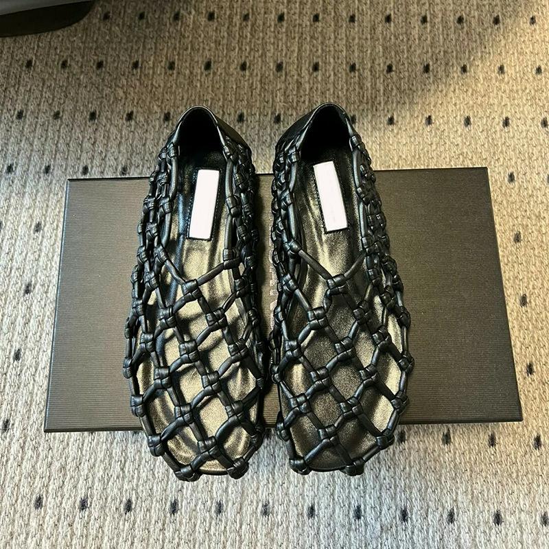 Sheepskin version~ mesh woven hollow breathable fish mesh shoes flat single shoes women's round head summer sandals pig cage shoes