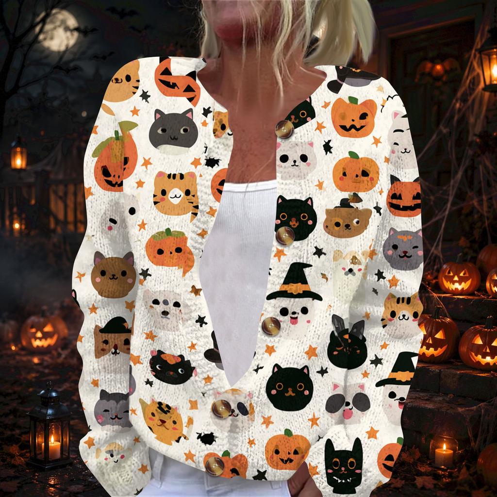 Women's Long Sleeve Knit Cardigan with Halloween Pattern Button Front for Casual Wear