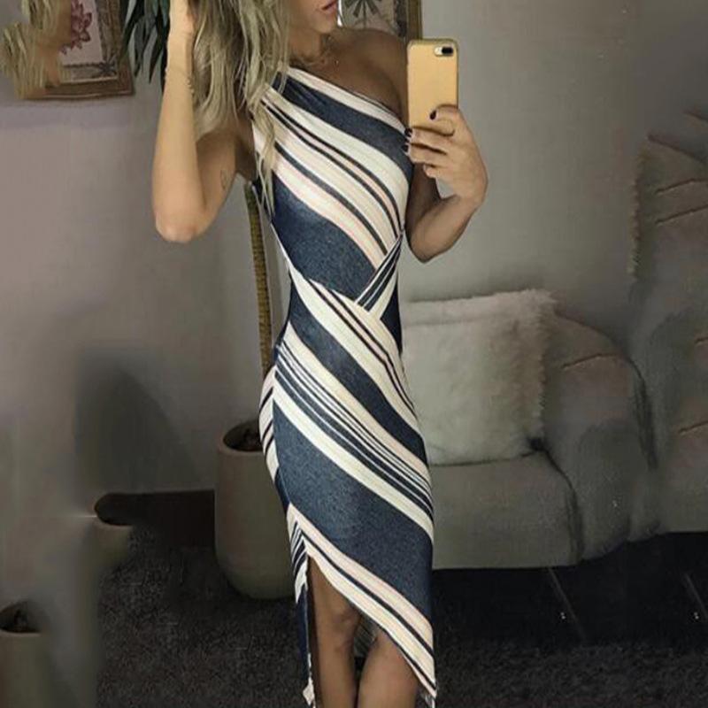 Ženy letní pruhované mimo rameno Bodycon Party asymetrické šaty