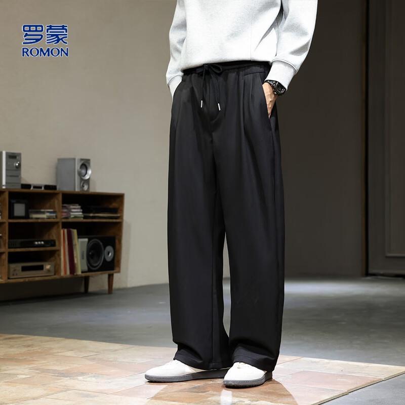 Romens Men's Loose Double Pleated Wide-Leg Casual Pants