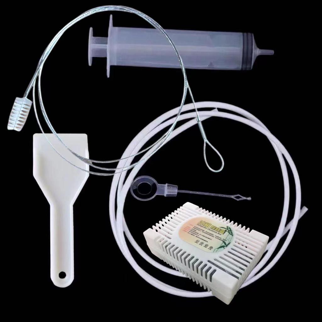 Refrigerator Unclogger & Cleaner Set: Bristle Brush, Cleaning Brush, Drain Unclogger, Deodorizer Box, Syringe