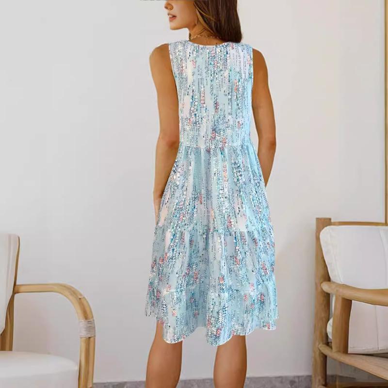 Spring and Summer New Casual Fashion Floral Print Loose Round Neck Sleeveless Mid-length Dress TS2421