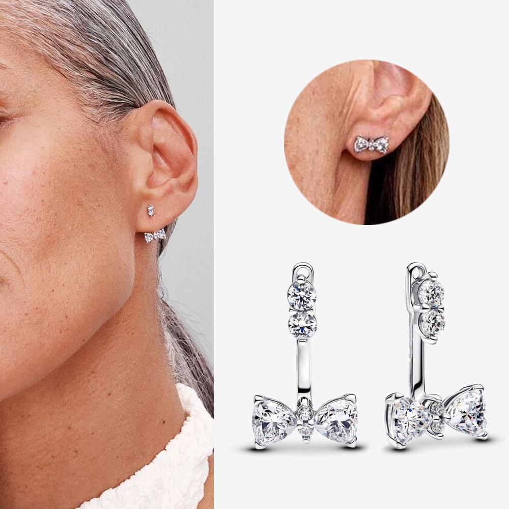 Authentic 925 Silver Cherry Blossom Bow Heart Hoop Stud Drop Earrings plata de ley Jewelry DIY Birthday Gift Original