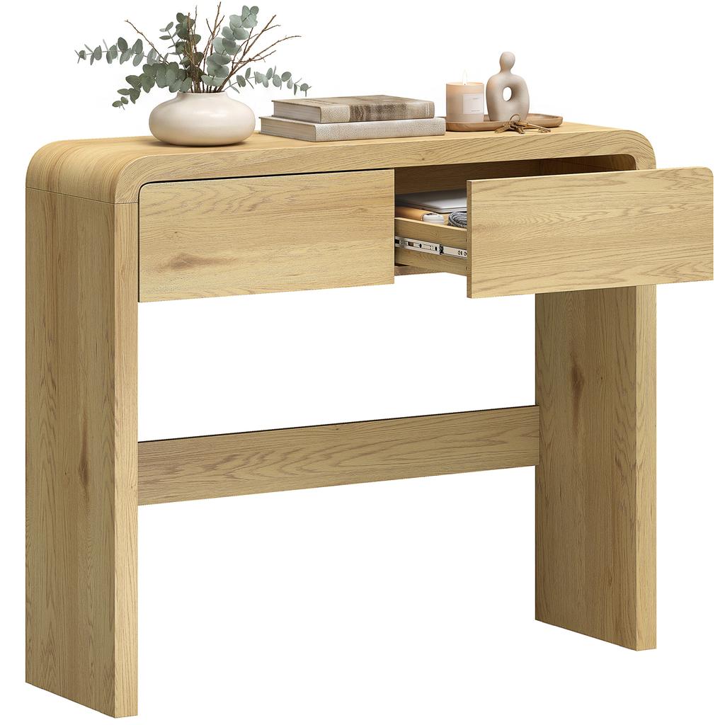 Console Table with 2 Drawers, Console Furniture, 100 X 30 X 85 Cm, Rounded Corners and Thick Top, Natural Wood