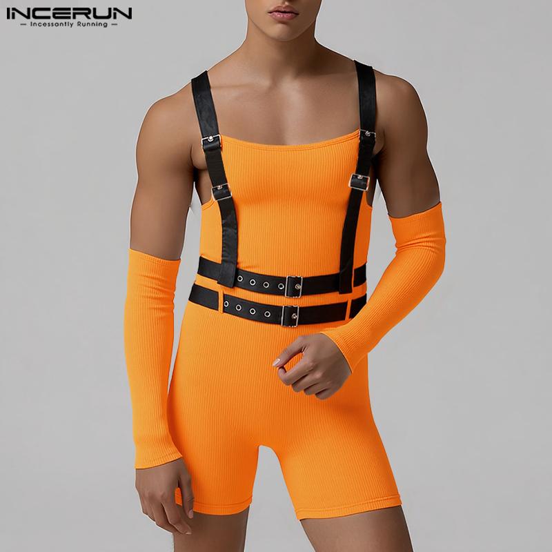 INCERUN Men Patchwork Strap Sleeveless Bandage Tanks Jumpsuits Bodysuits Underwear with Oversleeve