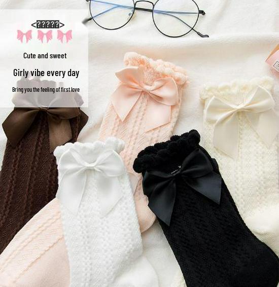 

Japanese Lolita Bow Lace Socks - Cute Mid-Tube Soft Girl Style One Size рожевий