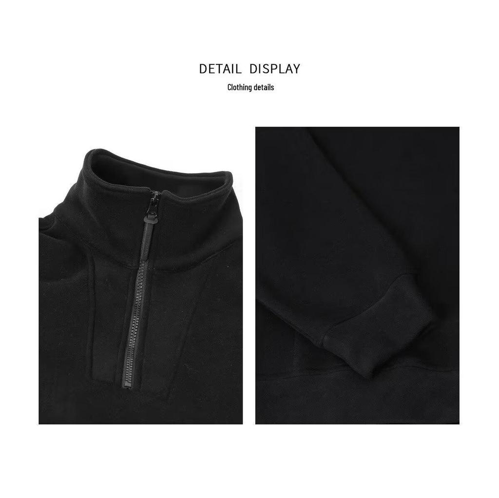 Hong Kong Style Solid Color Fleece Half-Zip Polo Shirt - Men's Retro Loose Casual Hoodie