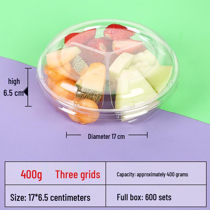 Transparente runde Einweg-Salatschale mit dreigeteilter Obstschale