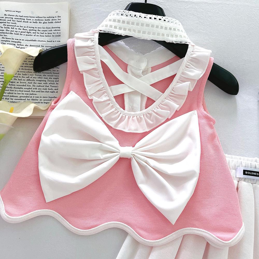 2025 Girls' Summer Set: Backless Sleeveless Top & Pleated Skirt In Princess Style