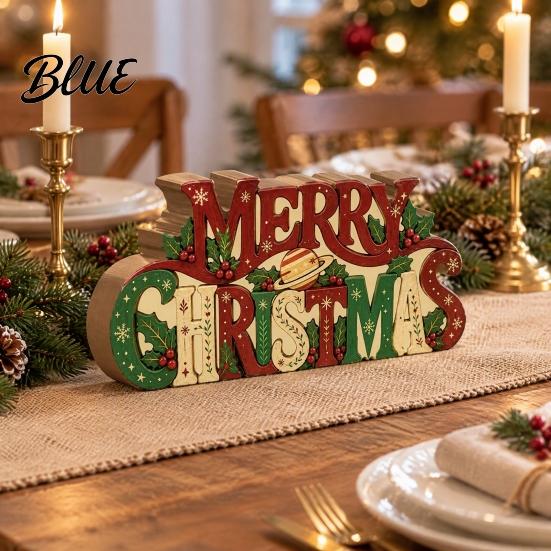 Decorative Holiday Signage Wooden Merry Christmas Sign 2D Flat Farmhouse Freestanding Table Centerpiece Small Keepsake Rustic Tiered Tray Decoration