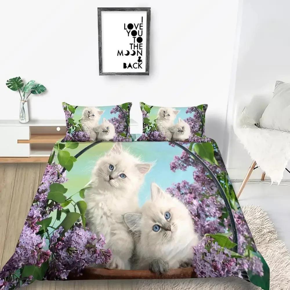 Set Husă Plapumă Pisică Mărime King Microfibră Imprimeu Animal Drăguț Fată Adolescent Băiat Husă Plapumă Model Serie Pisicuță Drăguță Set Lenjerie de Pat