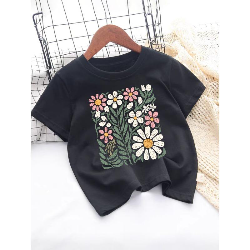 European sizes FLOWER Cotton Girl T-shirt Girl Creative T-shirt, Casual Lightweight Comfortable Short-sleeved Top, Summer Youngsters's Clothing