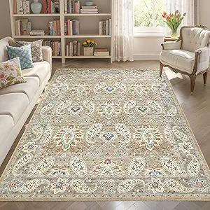 Crystal velvet carpetArea Rug Living Room Rugs: Washable Vintage Floral Oriental Farmhouse Large Thin Indoor Carpet for Bedr