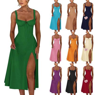 Women's Solid Color Tied Slim Fit Slit Strap Dress