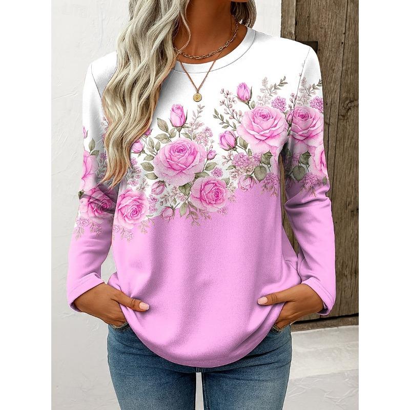 Damen T-Shirt Lässig Langarm Tops Floral Grafik T-Shirts Hemd Bluse O-Ausschnitt Herbst Winter Streetwear Stil y2k Pullover