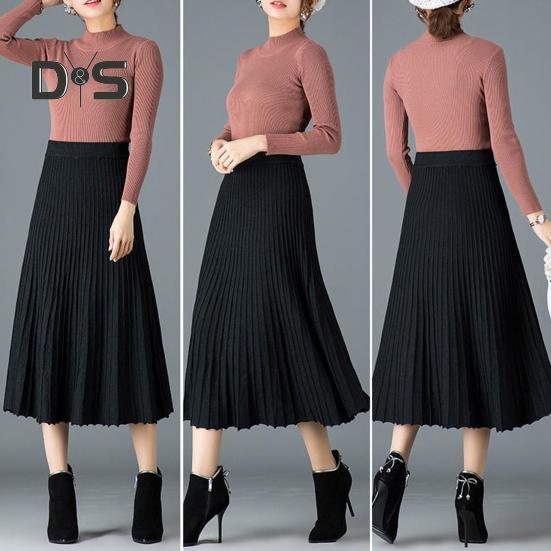 Women Pleated Skirt Elastic High Waist A-Line Midi Skirt Solid Color Mid-calf Length Skirt Thickened Commuting Style Skirt
