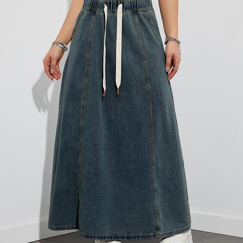 DongCMY Women's Denim Long Skirts Elastic Waist Loose Solid Color High Waist Big Skirt Denim Skirt Women Casual Dress Streetwear