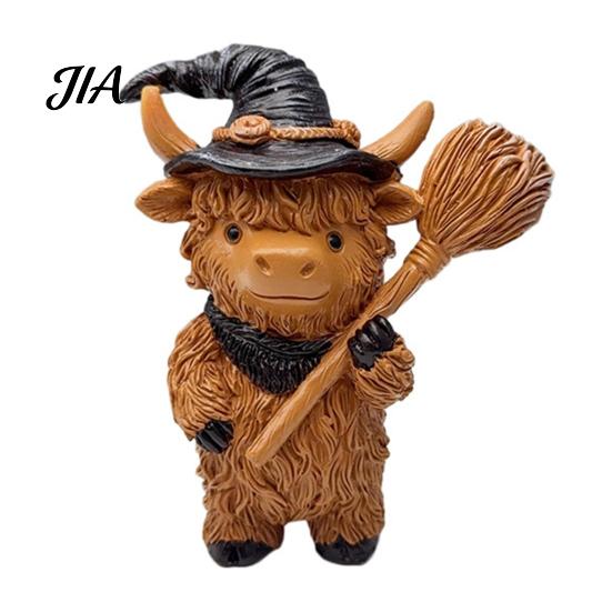 Unique Halloween Gift for Friends Highland Cow Figurine, Wizard Broom & Bat Wing Pumpkin Ornaments Ornament, Weatherproof Desktop Decor Home