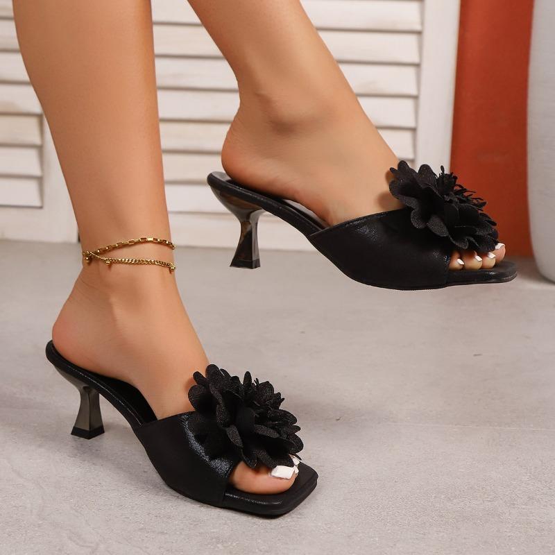 Fashion 2025 Summer New Flower Square-toe Stiletto High-heeled Slippers Flip-flops Wear Medium Heel Women's Cool Mat