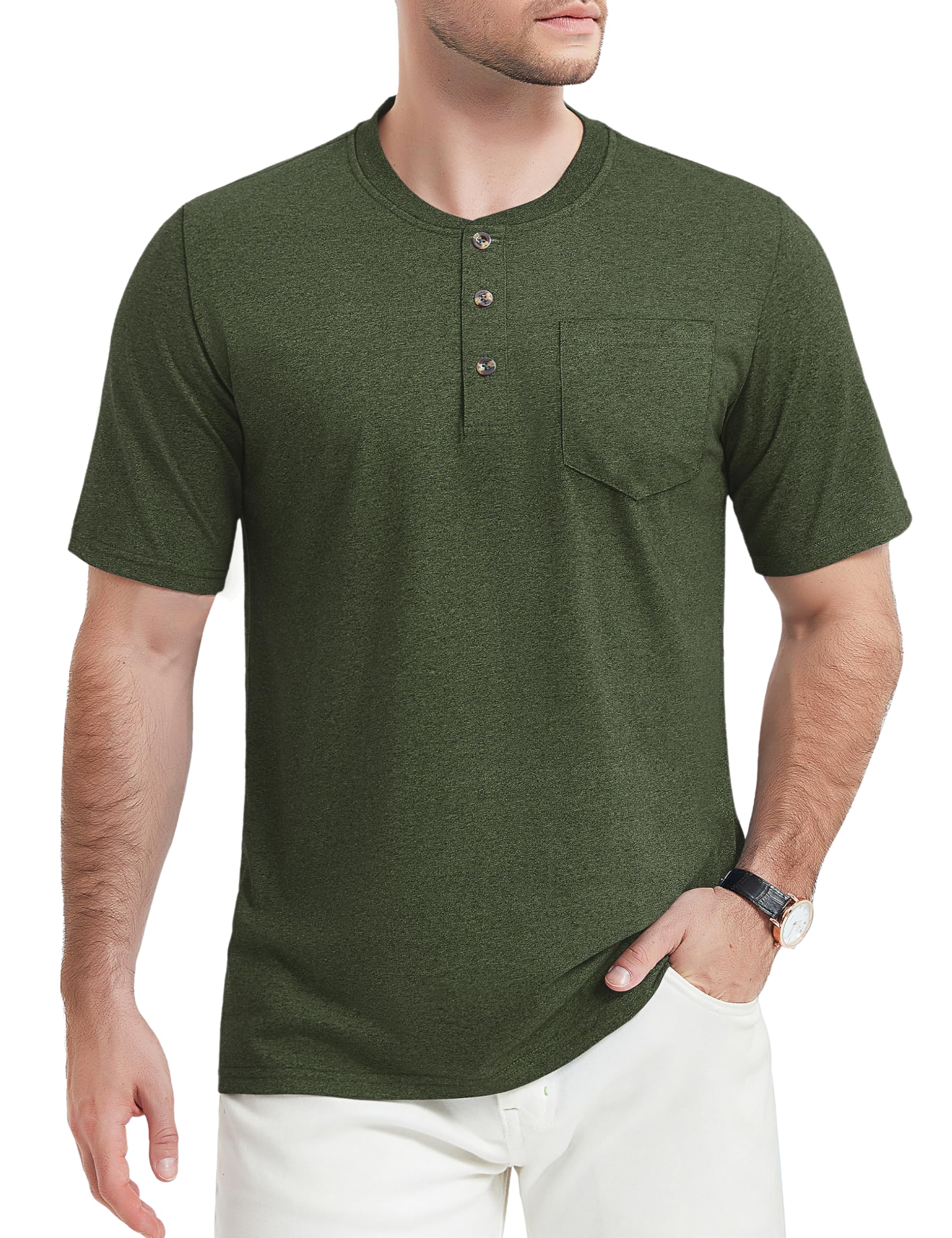 

[TACVASEN] Men s Summer T-Shirt, Sweat-Absorbing, Henley Neck, Short Sleeve, Golf Top, Cotton, Classic, Plain, with Pocket, Lightweight, Army Green, S
