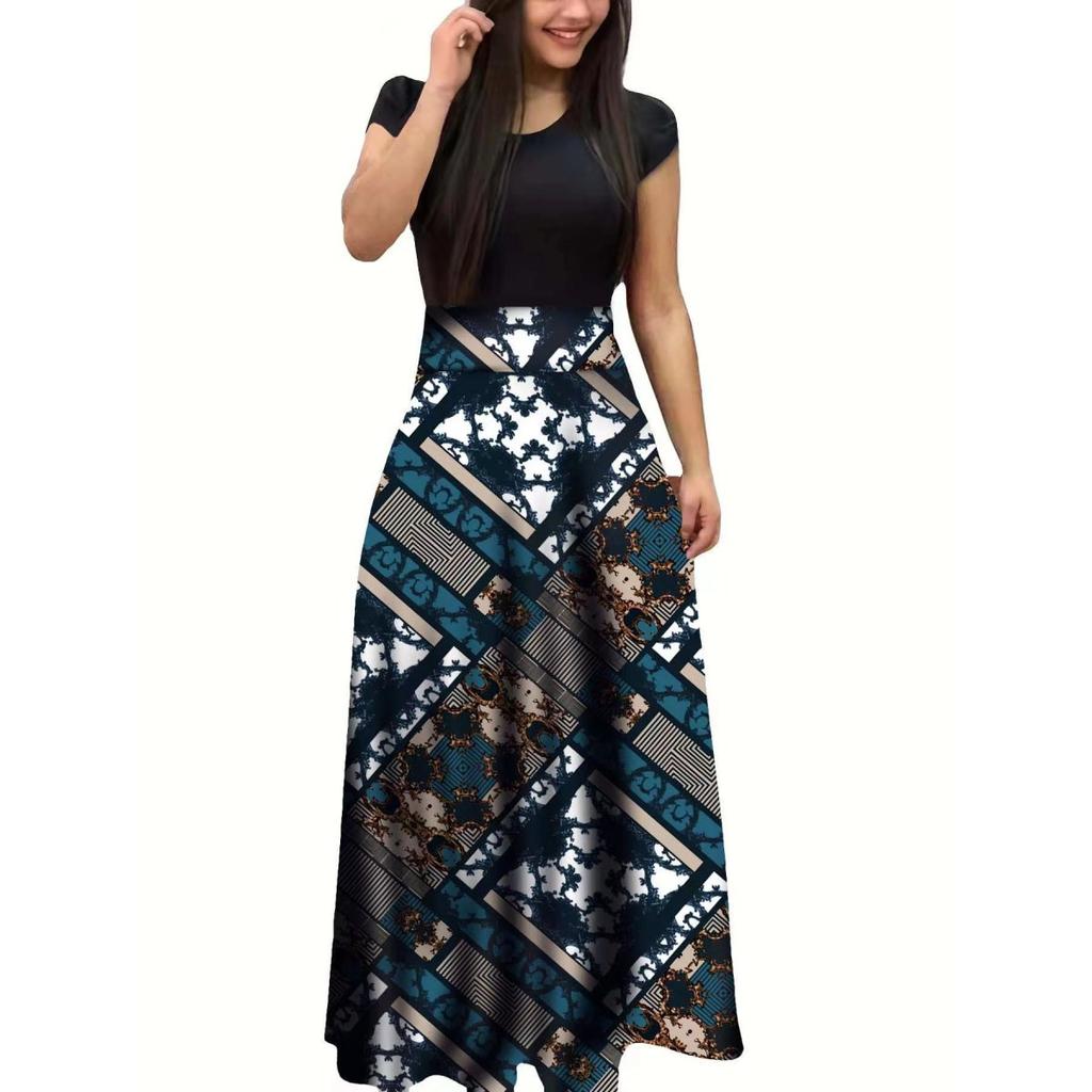 Floral Print Patchwork Short Sleeve Bohemian Dress Women Summer Dress O Neck Big Swing Long Dresses