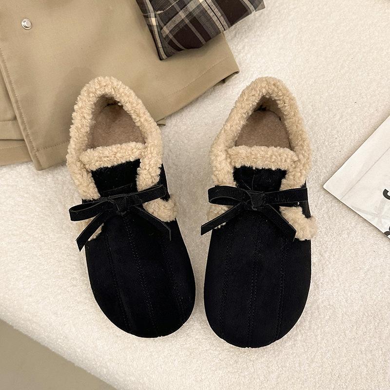 Pantofi casual din catifea cu talpă moale pentru femei, noi de iarnă, cu fundă retro, pantofi pufoși cu un singur pas, pantofi de bumbac plați pentru femei