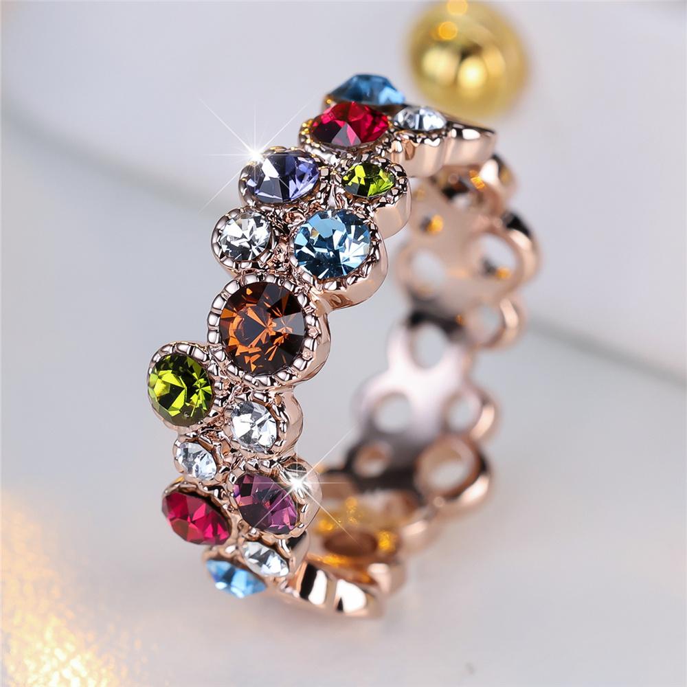 Luxury Female Blue Red Rainbow Zircon Stone Finger Ring Vintage Rose Gold Color Wedding Band Bridal Jewelry For Women