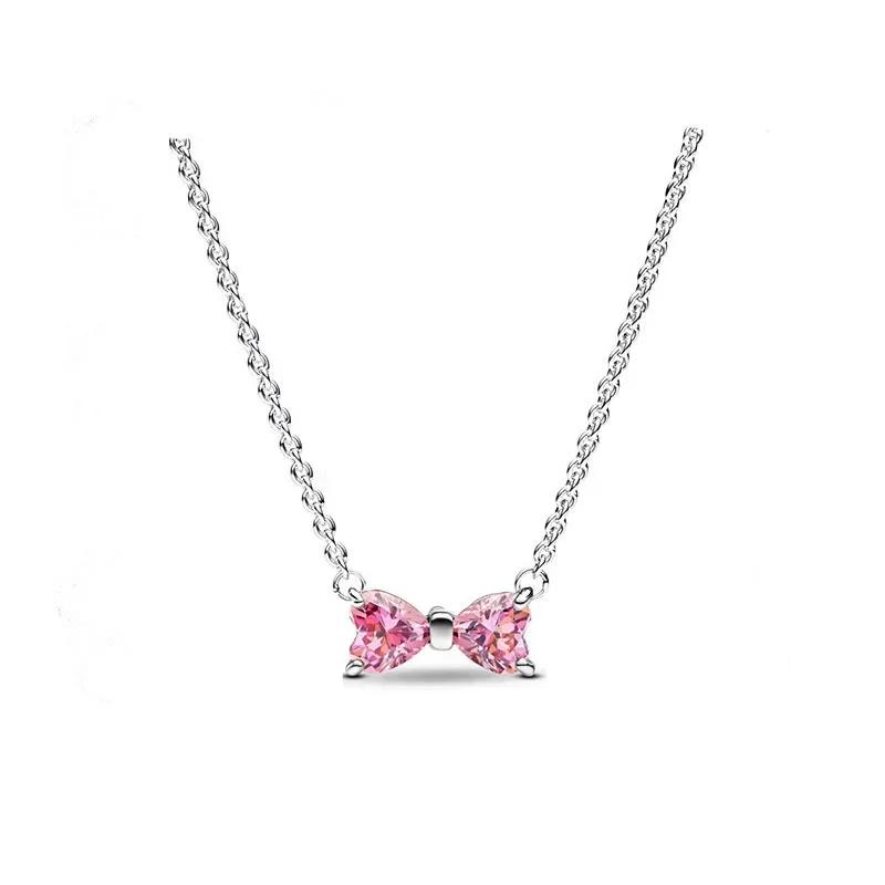 925 Silver Pink Bow Jewelry Set Ring Earrings Bracelet Necklace for Women Birthday Gift