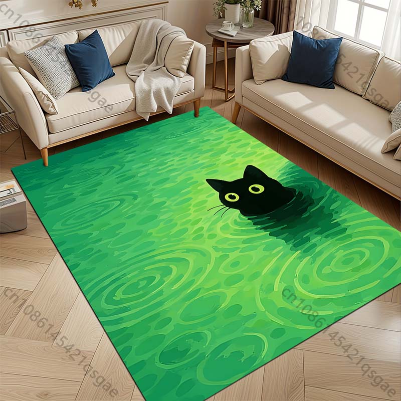 Multiple sizes Black cat in green water with ripples Print Carpet for Living Room Bedroom Sofa Home Decor Non-slip Mat Gift