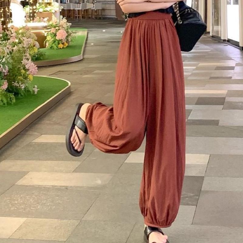 

Женские желтые брюки-фонари с манжетами на щиколотках | Тонкие свободные утягивающие гаремные спортивные брюки из ледяного шелка для весны-лета L