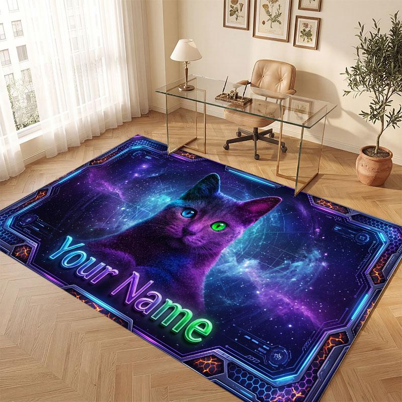 Cat Theme Crystal Velvet Floor Rug Personalized Custom Name Text Warm Carpet Home Decoration