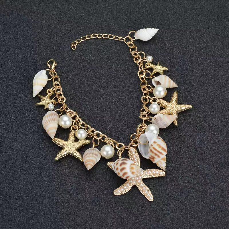 Gold Color Metal Starfish Conch Charm Women Bracelet Imitation Pearl Natural Conch Cute Summer Bracelet Y2K Fashion Jewelry