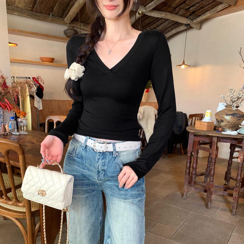 

Korean Style V-Neck Lyocell Tencel Knit Top - Women s Slim-Fit Long Sleeve for Early Spring Medium чёрный