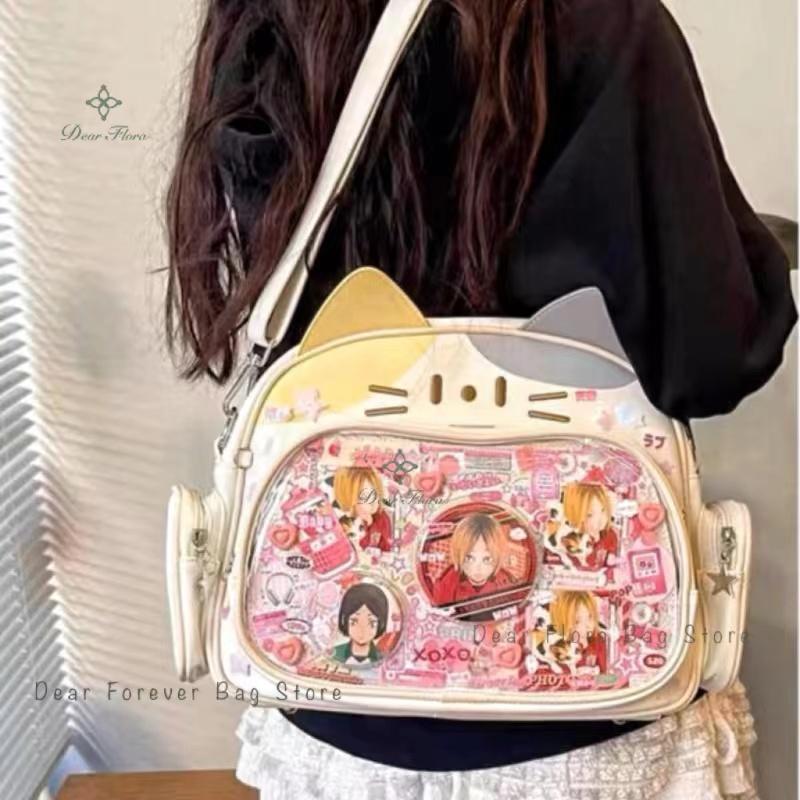 New Korean Kawaii Cat Ita Bag Cute PU Shoulder Bag Girls Transparent Pocket Harajuku Crossbody Bag Women's Fashion Backpacks
