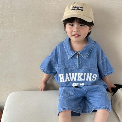 Conjunto de ropa azul para niños, traje de mezclilla informal de verano para niño, pantalones cortos con estampado de letras, traje informal de dos piezas suave