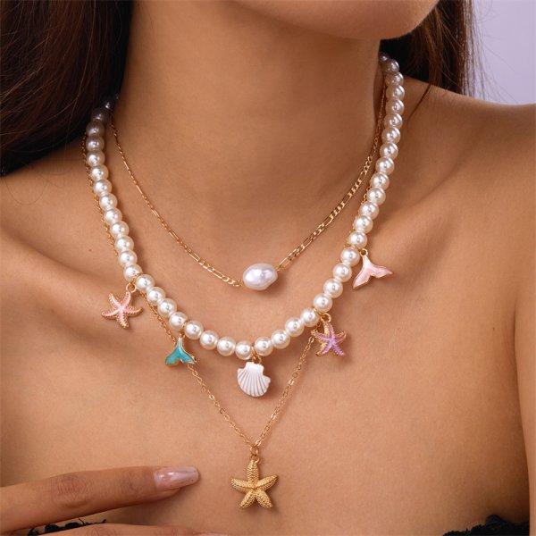 Gold Color Starfish Conch Pendant Necklace For Women Exquisite Imitation Pearl Beads Choker Bohemian Ocean Party Jewelry Gifts