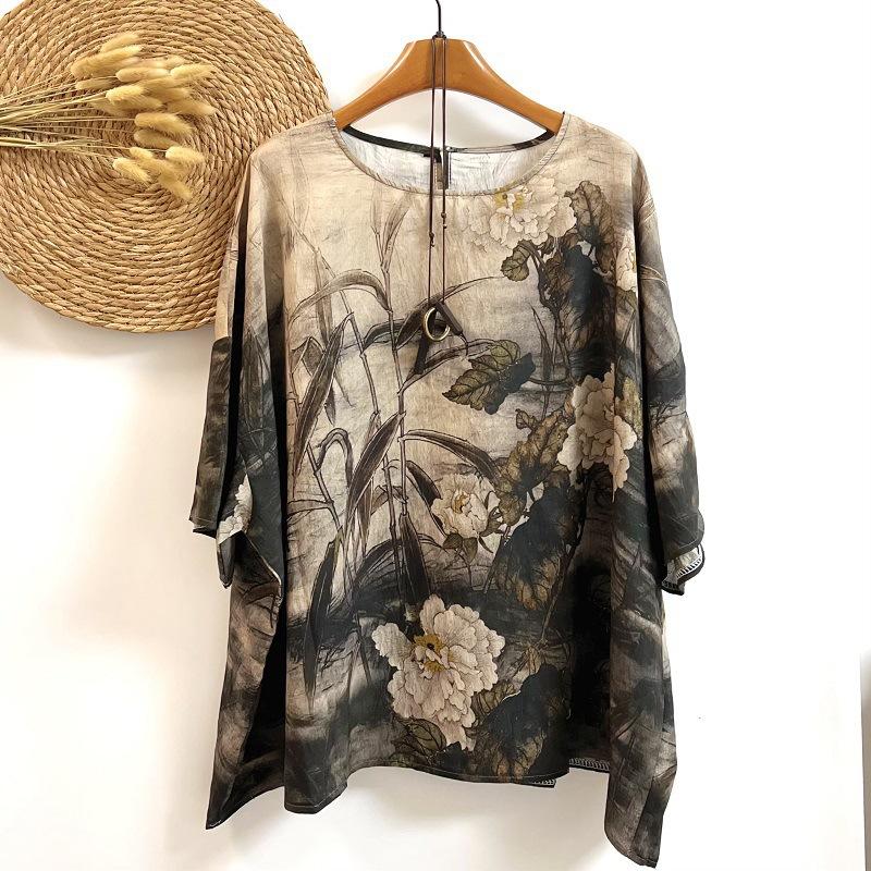 Maglietta estiva in cotone e lino, stile etnico, manica a pipistrello, ampia, da donna, scollo rotondo
