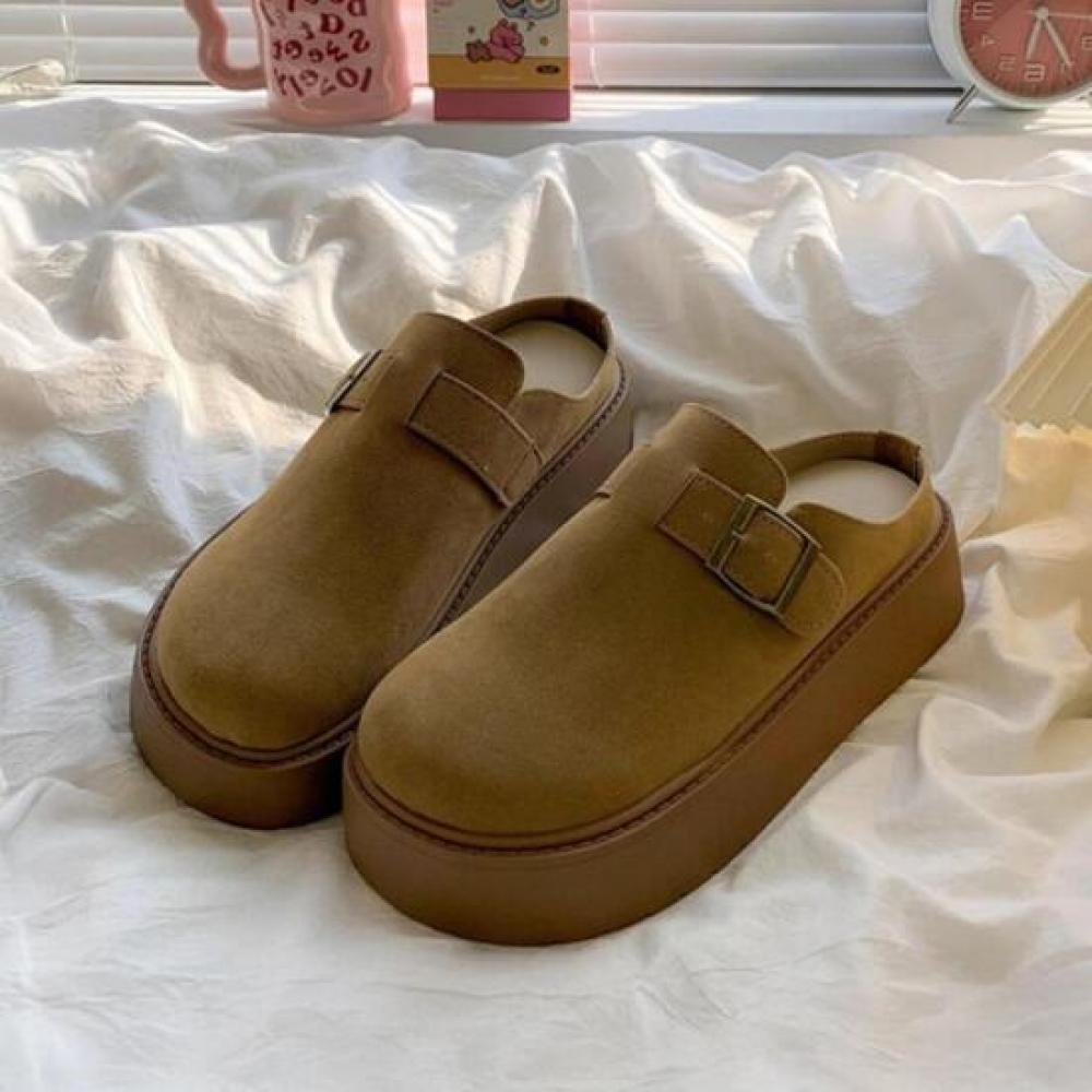 New Arrivals Open Run Women Side Buckle Suede Height Increasing Mule Slippers