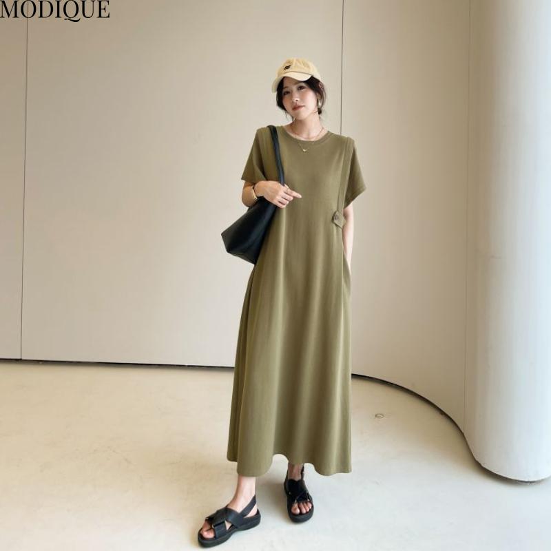 MODIQUE Summer Plus Size New Women Loose Minimalist Solid Color Long Dress Female Casual Short Sleeve O-Neck Dresses